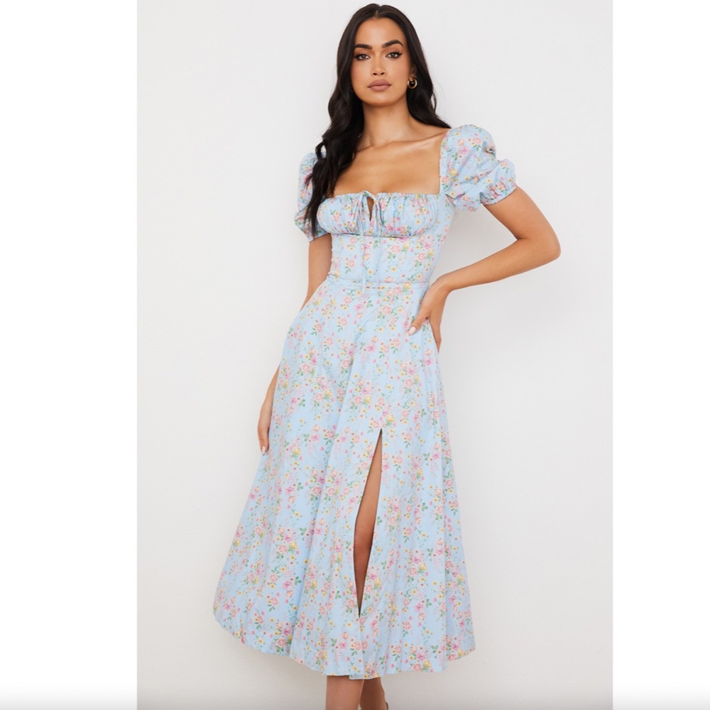 House of CB Tallulah Blue Vintage Floral Puff Sleeve Midi Dress